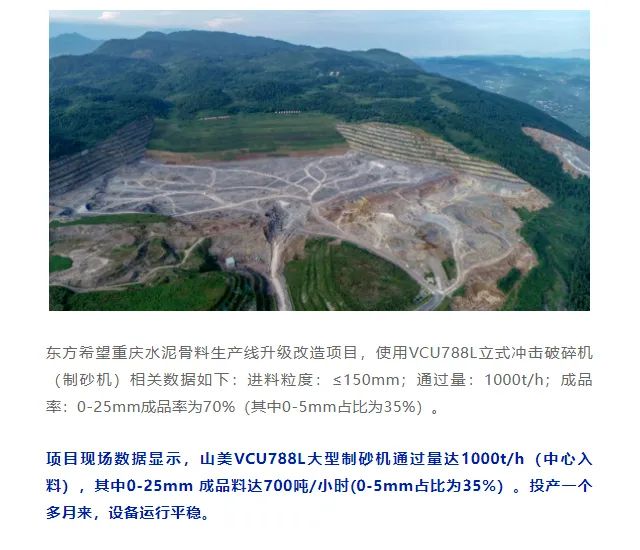 砂石协会报道！上海山美大进料、大产量立式冲击破碎机（制砂机）成功用于东方希望骨料生产线升级改造项目！